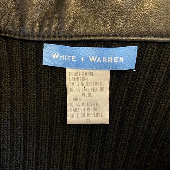 White + Warren Womens Knitted Blazer Jacket Black Lambskin Leather Button Small - Picture 7 of 7